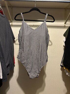 DownEast Basics Women's Large Black White Gingham One Piece Swimsuit Strappy Bac